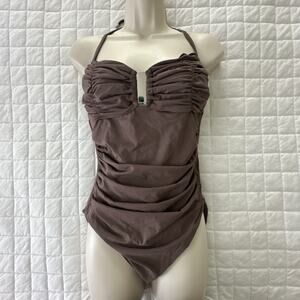 Calvin Klein Swimsuit Womens 12 Brown Ruched Halter One Piece Beach Summer